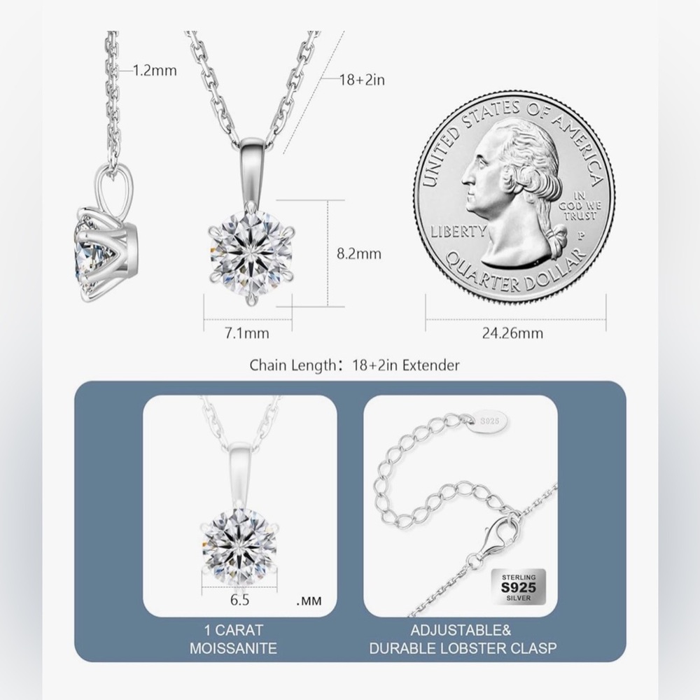 1.0 carat MOISSANITE ROUND PENDANT NECKLACE S925Sterling silver/gold plate chain - Picture 3 of 5